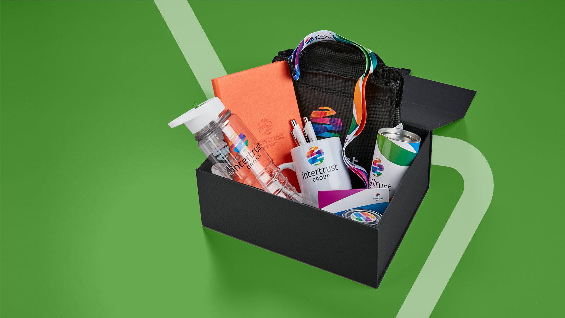 Merchandise - box containing branded water bottle, mug, pens, lanyard, notebook